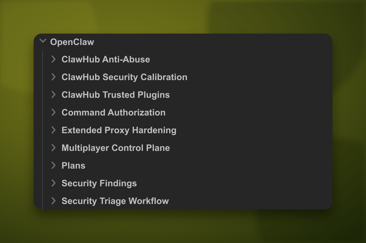 Obsidian notes showing OpenClaw security focus areas